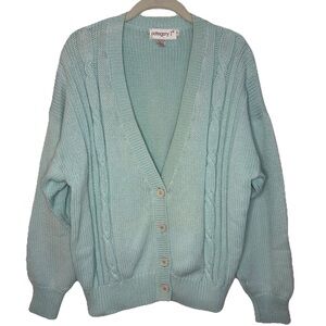 Vintage Blue Cardigan Womens Large Chunky Cable Knit Spring Easter Pastel Preppy